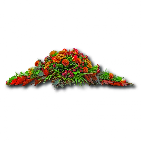 Aranjament floral funerar pentru capacul de sicriu cu flori de toamna.